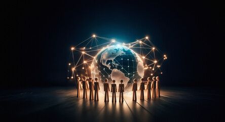 Aufkleber - A group of silhouetted figures holds a radiant globe, symbolizing global connectivity. A network of glowing lines encircles the Earth, highlighting themes of unity and technology in a digital age.