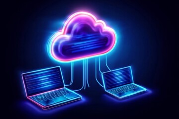 Aufkleber - Cloud Computing A cloud icon connected to various devices like laptops, tablets, and servers through a network of lines, with clear space around the graphic for text