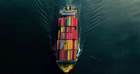 Poster - Overhead view of generic ship sailing through water. The ship's containers have a variety of color and shape, with the vessel sailing through ocean water
