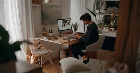 Poster - Man Working On Computer At Home Office With Wooden Desk And Soft Lighting