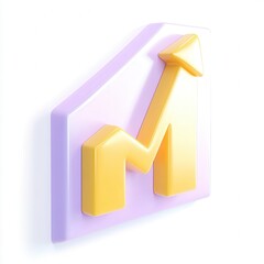 Fototapete - A stylized 3D icon featuring a yellow upward trend arrow on a purple background, symbolizing growth and progress.