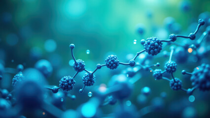 Canvas Print - Close-up microscopic view of Semaglutide molecules with a blurred background showcasing their structure in blue hues.