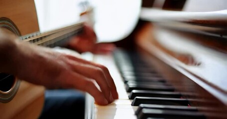 Aufkleber - Hands Playing Guitar And Piano Close Up With Warm Lighting In a Interior Studio