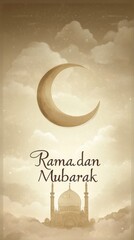 Poster - A beautifully crafted card celebrates Ramadan Mubarak with a graceful crescent moon and a stunning mosque silhouette, all enveloped in gentle clouds. This design emanates peace and joy