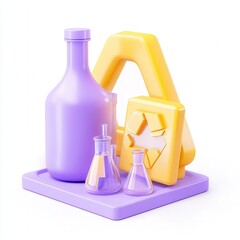 Fototapete - Colorful laboratory glassware and shapes arranged on a platform, showcasing a modern design.