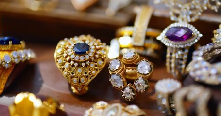 Aufkleber - Jewelry Display of Gold Rings with Blue and Purple Gemstones in Close-up View
