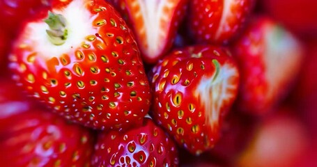 Poster - Close-up of Bright Red Strawberries Showing Cut Halves on Red Background