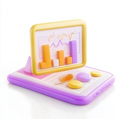 Fototapete - A colorful 3D rendered smartphone displaying graphs and charts with vibrant colors and modern design elements.