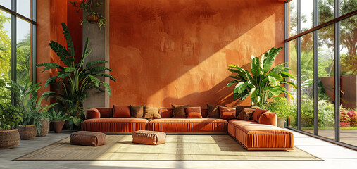 Wall Mural - A modern tropical living room with a spacious terracotta-colored sectional sofa, lush green plants, floor-to-ceiling windows, and warm natural lighting.