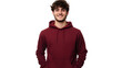 © Chimera - Portrait of a happy handsome american young attractive man, wearing a red maroon hoodie sweater and jeans, front view