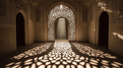 Poster - Within the whispers of time, a shadowy entrance reveals intricate patterns cast by soft light, inviting exploration of forgotten mysteries in a timeless space