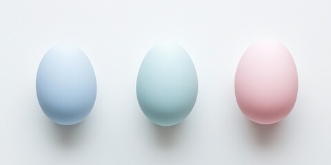Poster - Three pastel colored eggs in soft blue, light green, and pink on a white background, easter celebration concept