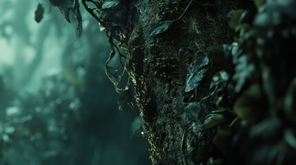 Poster - Soft moss envelops the rough trunk, showcasing nature's resilience. This tranquil moment in a thriving forest captures the beauty of life and green serenity all around