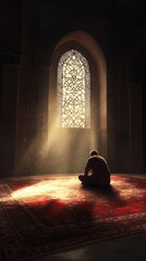 Poster - Soft rays of sunlight filter through an ornate stained glass window, casting a serene glow on a man kneeling in prayer