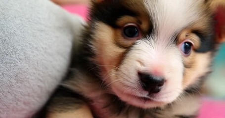 Poster - Close Up Of Puppy Face With Pink Paw On Pink Blanket Showing Pet's Fluffy Fur