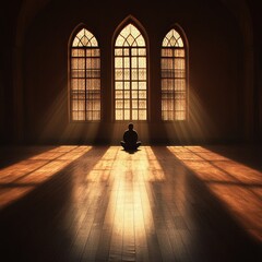 Aufkleber - In a serene Islamic prayer room, a solitary figure sits in quiet contemplation as soft beams of golden light filter through intricately designed windows, creating a peaceful atmosphere