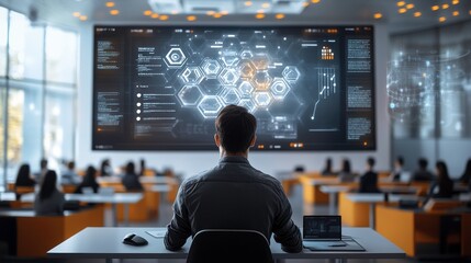 Poster - a person observes a large digital display in a modern classroom, showcasing complex data visualizati