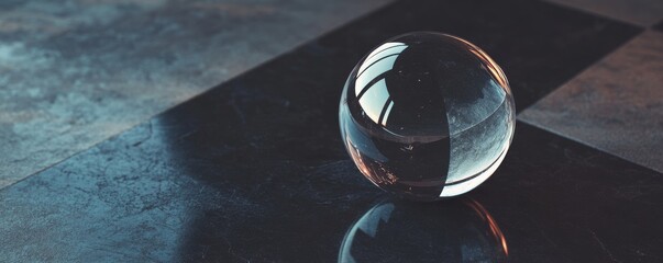 Fototapete - Clear glass orb resting on a textured surface with reflections and shadows in a dimly lit space