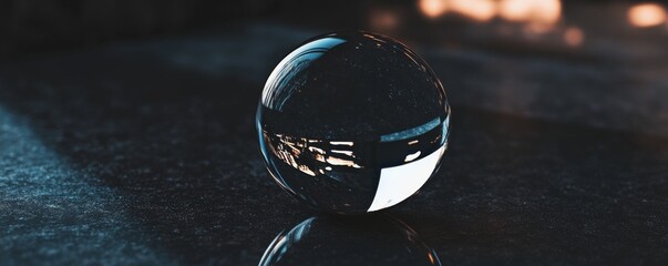 Fototapete - Clear glass orb resting on a textured surface with reflections and shadows in a dimly lit space