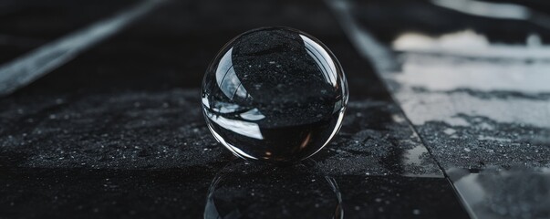Fototapete - Clear glass orb resting on a textured surface with reflections and shadows in a dimly lit space