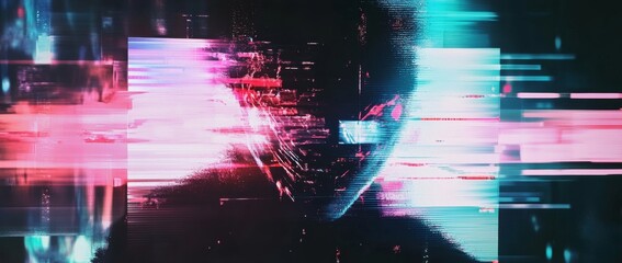 Fototapete - Glowing digital noise overlays create abstract glitch art with colorful distortions against a dark background