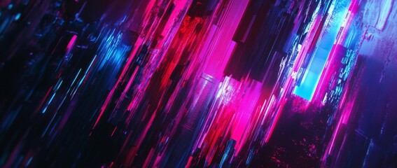 Fototapete - Glowing digital noise overlays create abstract glitch art with colorful distortions against a dark background