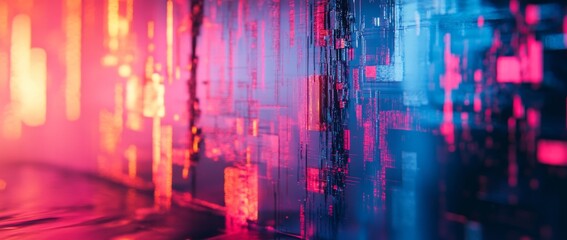 Fototapete - Glowing digital noise overlays create abstract glitch art with colorful distortions against a dark background