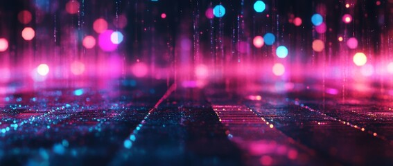 Fototapete - Glowing digital noise overlays create abstract glitch art with colorful distortions against a dark background