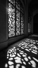 Poster - Sunlight streams through elegantly designed lattice windows, casting intricate shadows on the polished floor of a historic corridor. The ambiance evokes a sense of tranquility and timeless beauty