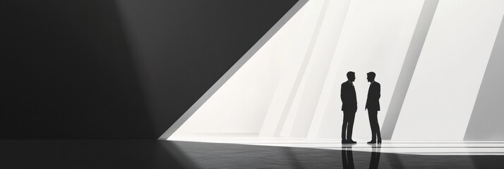 Poster - Two business professionals negotiating in a minimalist modern space with dynamic lighting during the evening hours. Generative AI