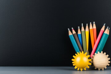 Poster - Education concept image Creative idea and innovation Wooden gears light bulb metaphor over blackboard