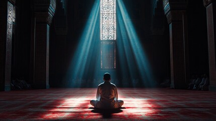 Poster - In a dimly lit mosque, one figure sits in quiet contemplation, surrounded by shadows