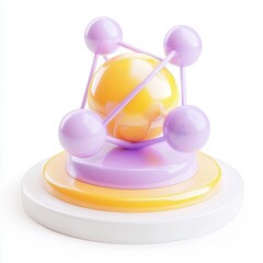 Fototapete - A colorful 3D geometric model with spheres and a central orb on a circular base, showcasing a blend of purple, yellow, and white colors.