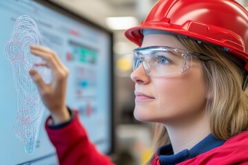 Aufkleber - Engineering Innovation: A team of engineers wearing safety glasses and hard hats collaborate on a large digital screen, showcasing their expertise in a modern industrial setting