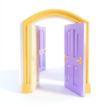 A colorful 3D rendering of an archway with two open doors, one white and one purple, creating a whimsical entrance.