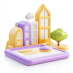 Poster - A colorful 3D model representing buildings and a tree in a playful design, showcasing a vibrant urban scene.