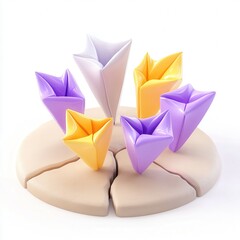 Poster - A colorful arrangement of origami-style shapes in yellow, purple, and white on a light circular base.