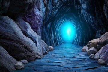 Poster - Exploring an enigmatic light at the end of a dark tunnel mythical location cinematic imagery mysterious environment perspective concept