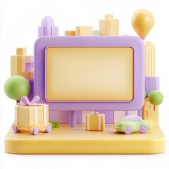 Fototapete - A colorful 3D render featuring buildings, a blank screen, trees, toys, and gifts, ideal for showcasing presentations or advertisements.