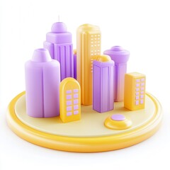 Fototapete - A colorful 3D model of a city skyline with various building shapes and sizes in pastel shades.
