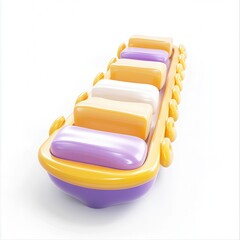 Poster - A colorful 3D-rendered floating object resembling a playful boat or toy with large pastel-colored sections.