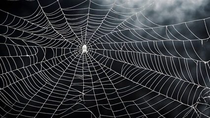 A spider web is shown in a black and white photo