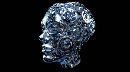 Poster - Human head contour filled with interlocking gears and cogs representing artificial intelligence in a futuristic design. Generative AI