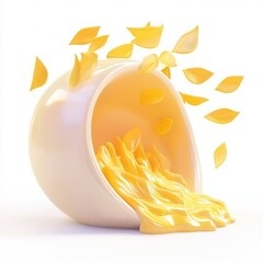 Poster - A surreal depiction of a bowl spilling yellow liquid with leaves floating around it, evoking a dynamic and artistic aesthetic.