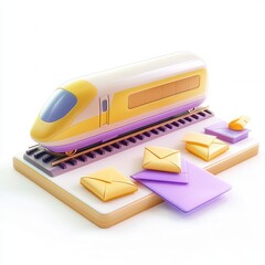 Fototapete - A stylized train model with colorful envelopes, representing transportation and communication concepts.