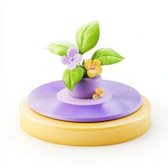 Fototapete - A colorful 3D rendering of a flower pot with vibrant leaves and flowers atop a circular base.