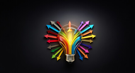 Poster - A bright light bulb emits rays of colorful arrows spreading outwards, set against a dark backdrop, symbolizing innovative ideas and solutions.