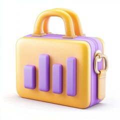 Fototapete - A colorful 3D briefcase with purple and yellow tones, featuring vertical bars representing data or statistics on the front.