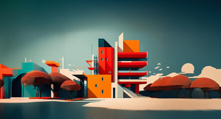Fototapete - Stylized cityscape featuring geometric, colorful buildings near calm water under a clear sky. Flat design with contrasting shapes creates a vibrant, modern architectural scene.
