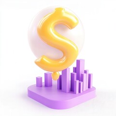 Fototapete - A 3D render featuring a large dollar sign with purple geometric shapes, symbolizing finance and economic growth.